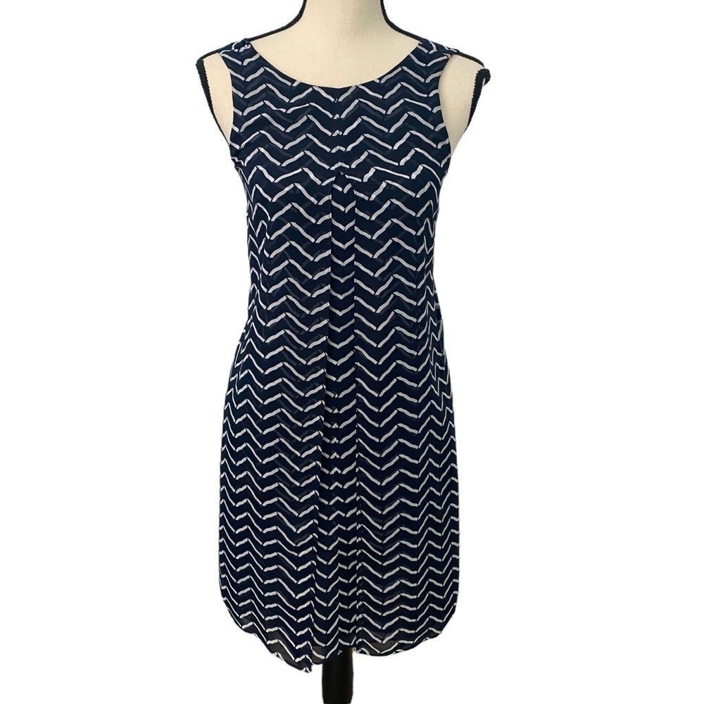 Armani Collezioni Navy White Geometric Shift Dress Lined Pockets Sz 2